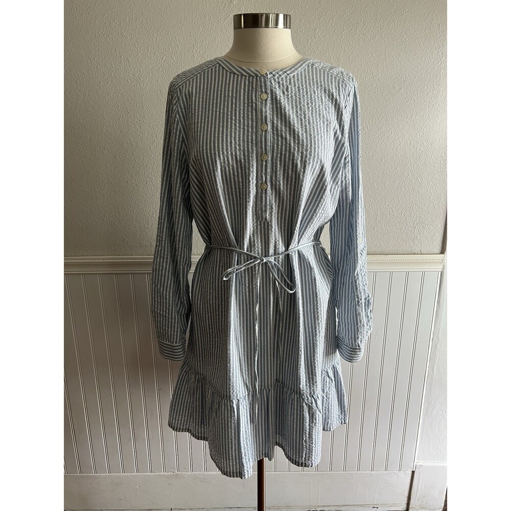 LOFT Roll Tab Sleeve Shift Dress Seersucker Tiers Ruffle Hem Blue White Stripe L